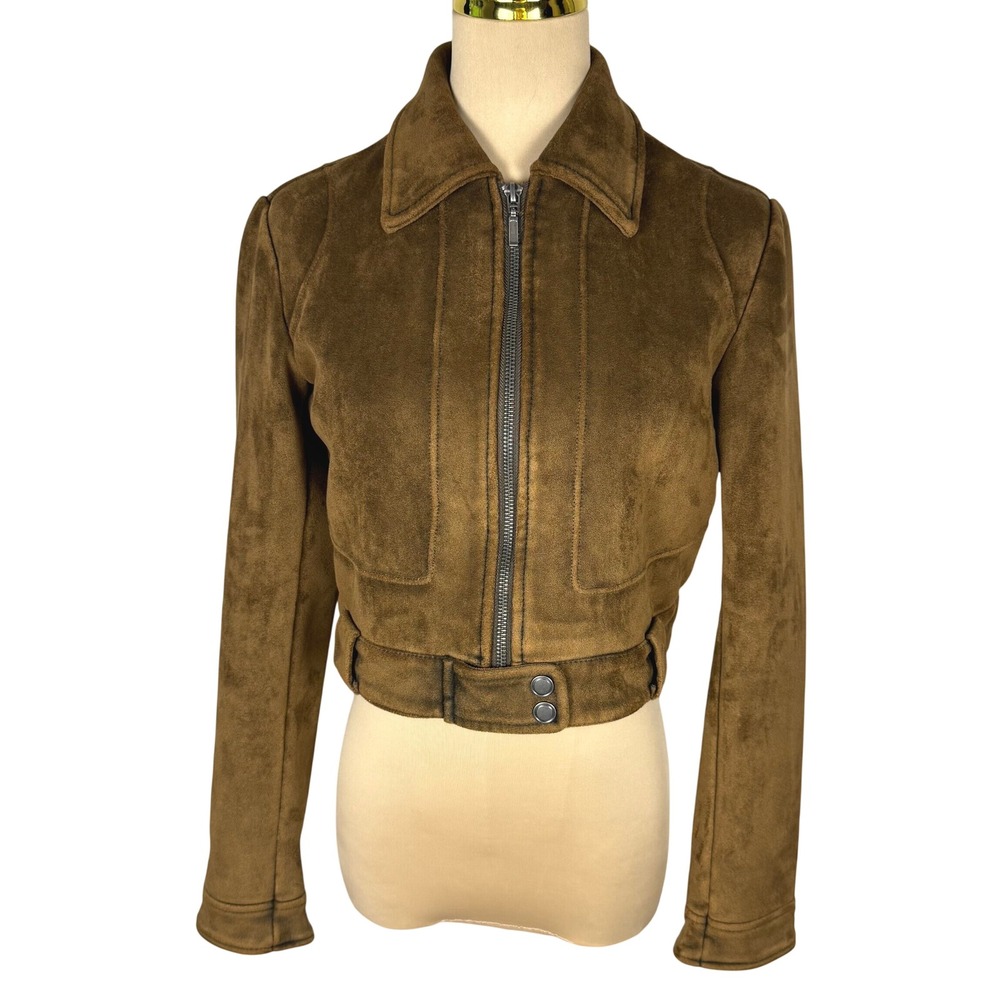 Pilcro Anthropologie Rumi Shrunken Faux Suede Moto Jacket XXS Brown EUC